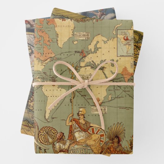 世界地図アンティーク1886 図解入りの、写真付きの ラッピングペーパーシート (インサイチュ)