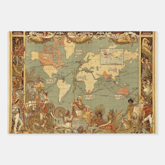 世界地図アンティーク1886 図解入りの、写真付きの ラッピングペーパーシート (正面)