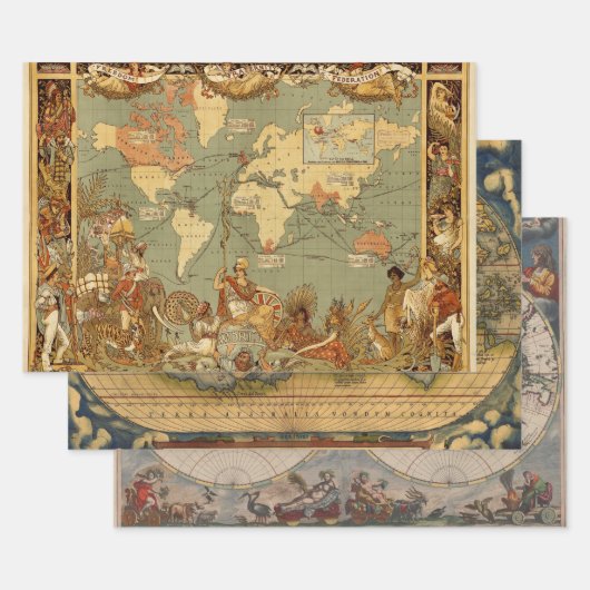 世界地図アンティーク1886 図解入りの、写真付きの ラッピングペーパーシート (セット)