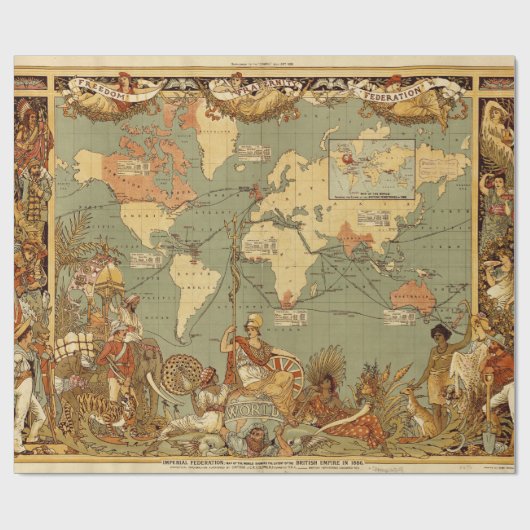 世界地図アンティーク1886 図解入りの、写真付きの ラッピングペーパー (フラット)