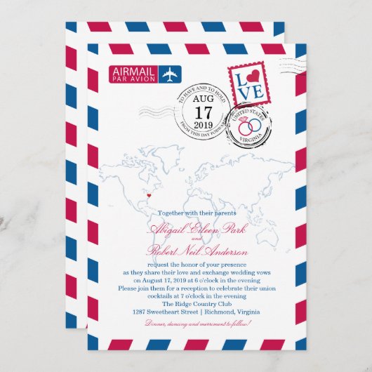 世界地図バージニアUSAエアメール | ウェディング 招待状 (正面/裏面)