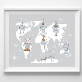 世界地図ボーイズプリント、ロボットアートキッズルーム ポスター