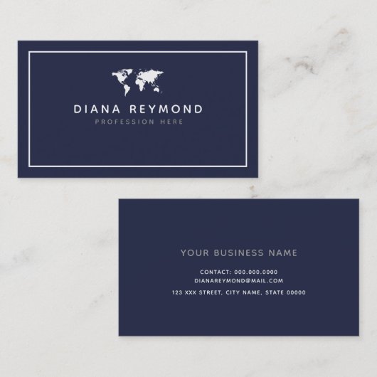 世界地図モダンプロフェッショナルダークブルー 名刺 (正面/裏面)