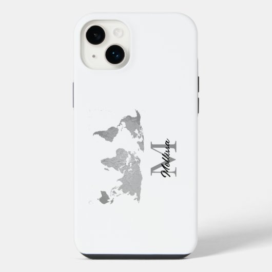 世界地図モノグラム 名前 旅行者 カスタム グレー 白 iPhoneケース (裏面)