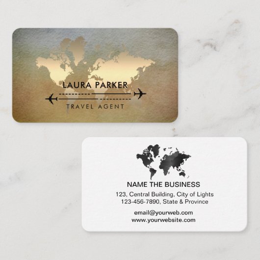 世界地図旅行代理店金ゴールド観光飛行機 名刺 (正面/裏面)