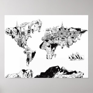 世界地図銀河系白黒3 ポスター