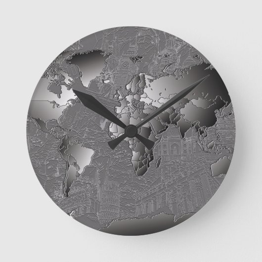 世界地図銀河系白黒5 ラウンド壁時計 (正面)