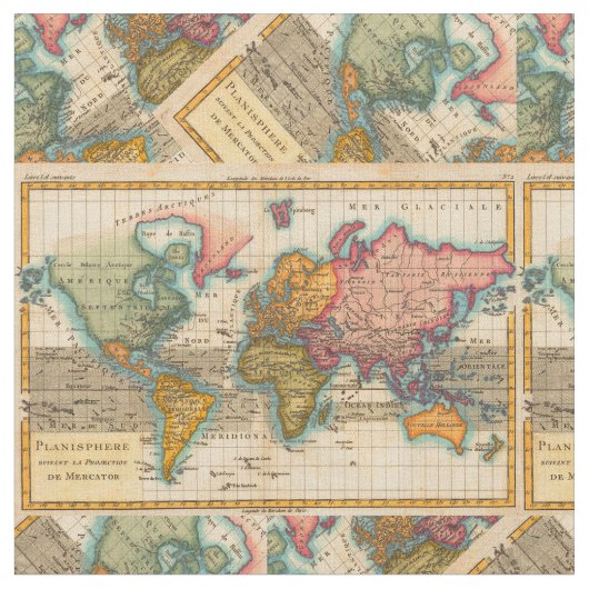 世界地図1700年代アンティーク大陸 ファブリック (クローズアップ)