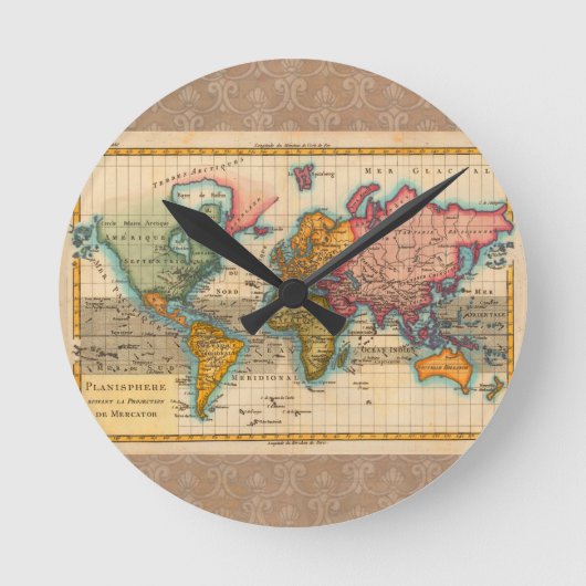 世界地図1700年代アンティーク大陸 ラウンド壁時計 (正面)