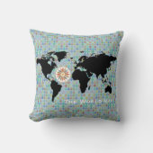 世界地図、いかり、羅針盤バラ クッション (正面)