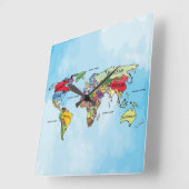 世界地図 スクエア壁時計 (傾斜)