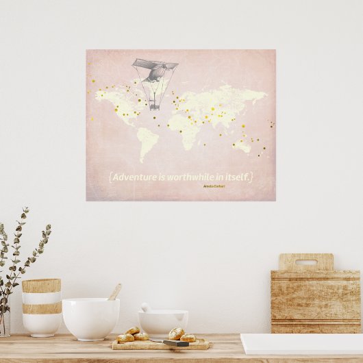 世界地図、感動的引用文&金フェイク箔 ポスター (キッチン)
