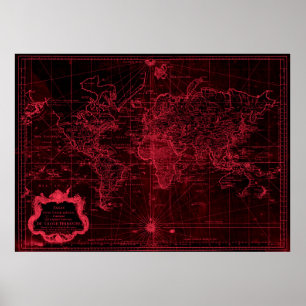 世界地図(1778)黒と薄い赤 ポスター