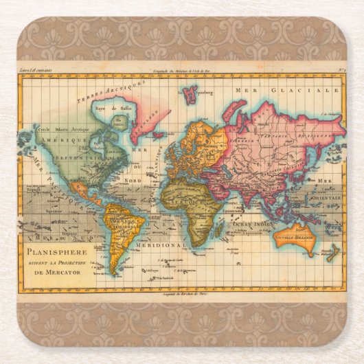 世界地図 1780 Bonne アンティーク プラニスフィア スクエアペーパーコースター (正面)