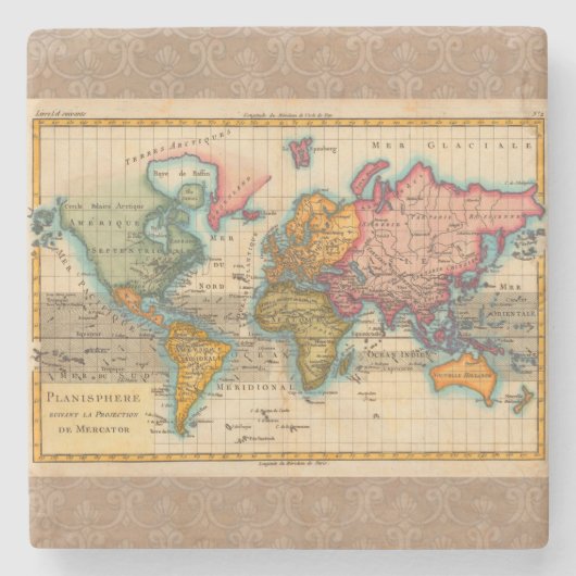 世界地図 1780 Bonne アンティーク プラニスフィア ストーンコースター (正面)