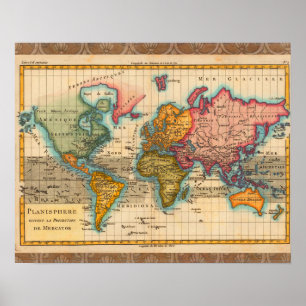 世界地図 1780 Bonne アンティーク プラニスフィア ポスター