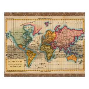 世界地図 1780 Bonne アンティーク プラニスフィア ポスター