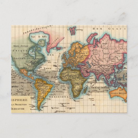 世界地図 1780 Bonne アンティーク プラニスフィア ポストカード (正面)