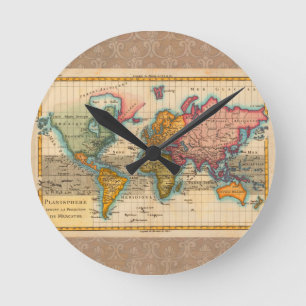 世界地図 1780 Bonne アンティーク プラニスフィア ラウンド壁時計