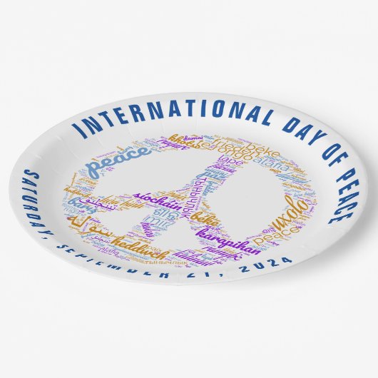 世界平和の日の平和の標識ワードクラウド ペーパープレート (アングル)