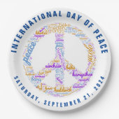 世界平和の日の平和の標識ワードクラウド ペーパープレート (正面)