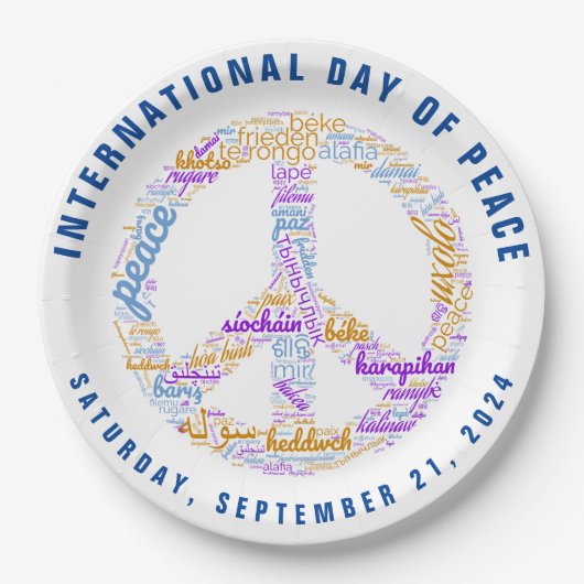 世界平和の日の平和の標識ワードクラウド ペーパープレート (正面)