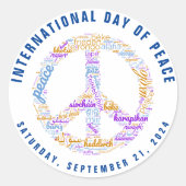 世界平和の日の平和の標識ワードクラウド ラウンドシール (正面)