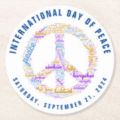 世界平和の日の平和の標識ワードクラウド ラウンドペーパーコースター (正面)