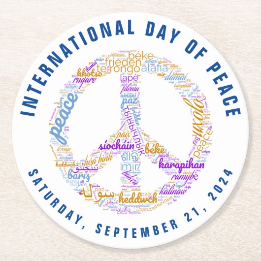 世界平和の日の平和の標識ワードクラウド ラウンドペーパーコースター (正面)