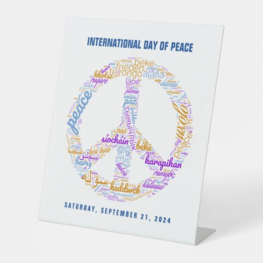 世界平和の日の平和の標識ワードクラウド 台座サイン (正面)