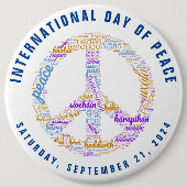 世界平和の日の平和の標識ワードクラウド 缶バッジ (正面)