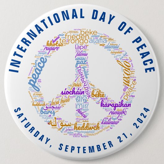 世界平和の日の平和の標識ワードクラウド 缶バッジ (正面)