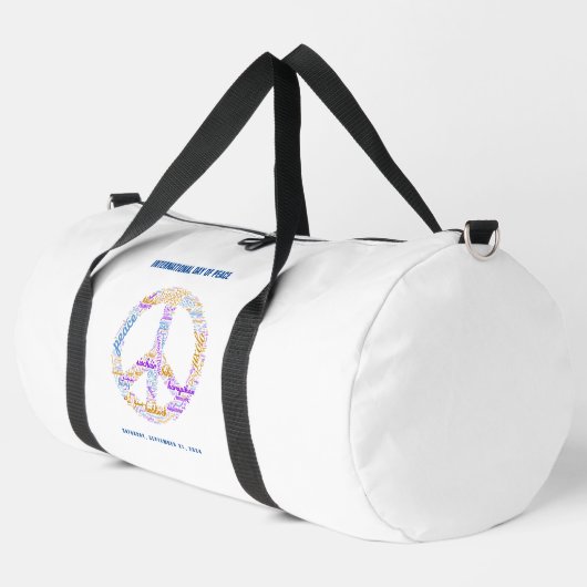 世界平和の日の平和の看板ワードクラウドウォーターボトル ダッフルバッグ (左コーナー)