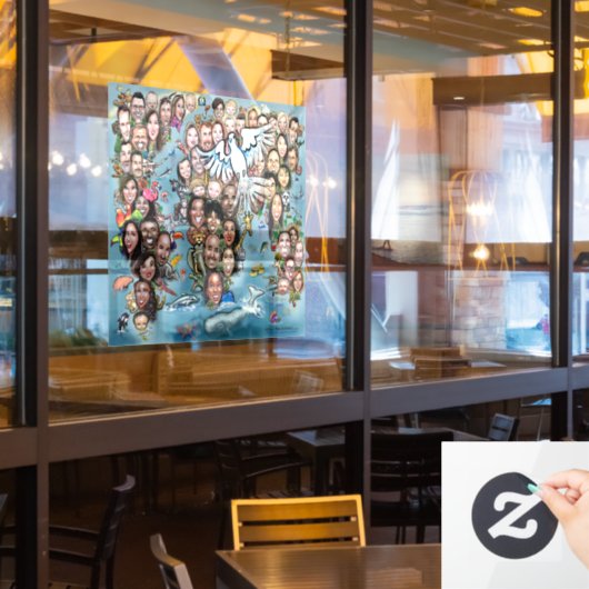 世界平和の窓が貼り付く ウィンドウサイン (レストラン窓)