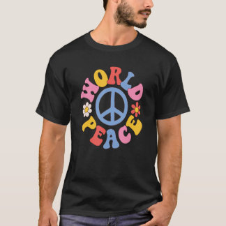 世界平和レトロ グルーヴィー ヒッピーの平和の印 Tシャツ