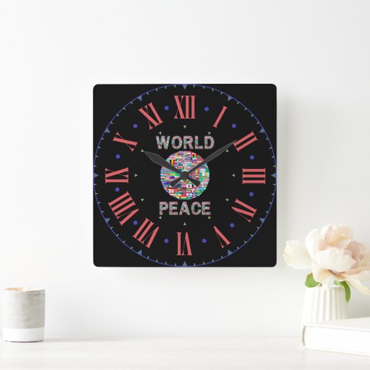 世界平和旗コレクションローマ数字 スクエア壁時計 (ホーム)