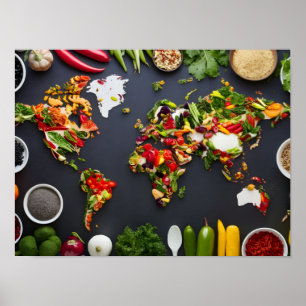 世界料理マップ:世界地図の上面図 ポスター