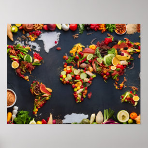 世界料理マップ:世界地図の上面図 ポスター
