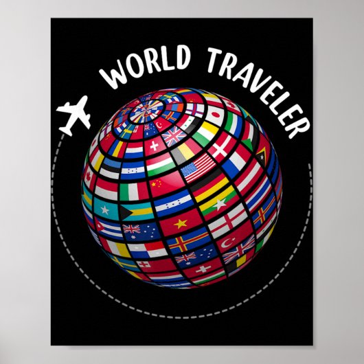 世界旅行地図、世界国旗旅行者、国々 ポスター (正面)