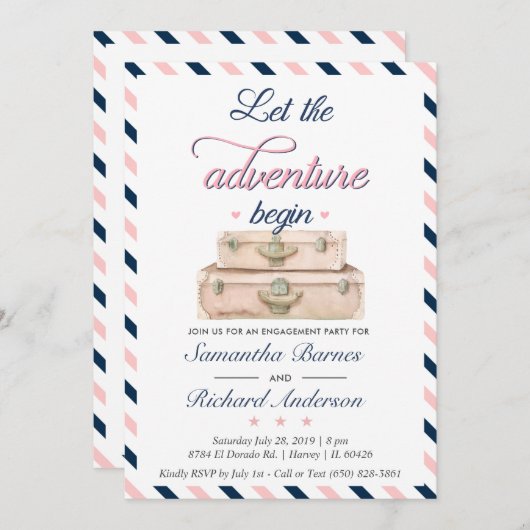 世界旅行婚約スーツケース冒険海軍 招待状 (正面/裏面)