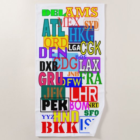 世界旅行者の国際空港コード ビーチタオル (正面)