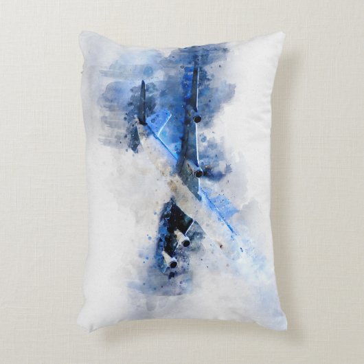 世界旅行者の水彩画の飛行機旅行飛行機 アクセントクッション (正面(垂直))