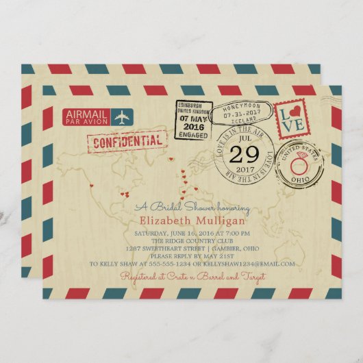 世界旅行者の航空郵便|のブライダルシャワー 招待状 (正面/裏面)