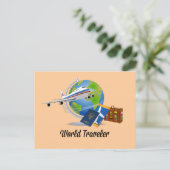世界旅行者。スーツケース、チケット、パスポート。 ポストカード (スタンド正面)