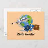 世界旅行者。スーツケース、チケット、パスポート。 ポストカード (正面/裏面)