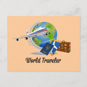 世界旅行者。スーツケース、チケット、パスポート。 ポストカード