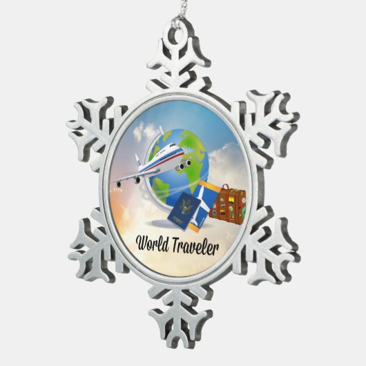 世界旅行者--詰められる行くためにデザイン2用意すれば スノーフレークピューターオーナメント (右)