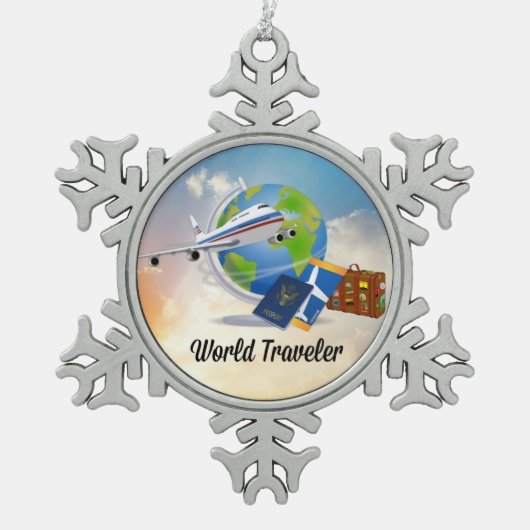 世界旅行者--詰められる行くためにデザイン2用意すれば スノーフレークピューターオーナメント (正面)