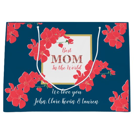 世界最高のティール（緑がかった色）赤金ゴールドさくらんぼブロッサム ラージペーパーバッグ (正面)