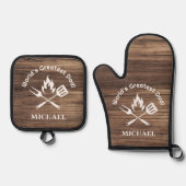 世界最高のパパパーソナライズされた、素朴な木材グリル 鍋つかみ&鍋敷きセット (正面)